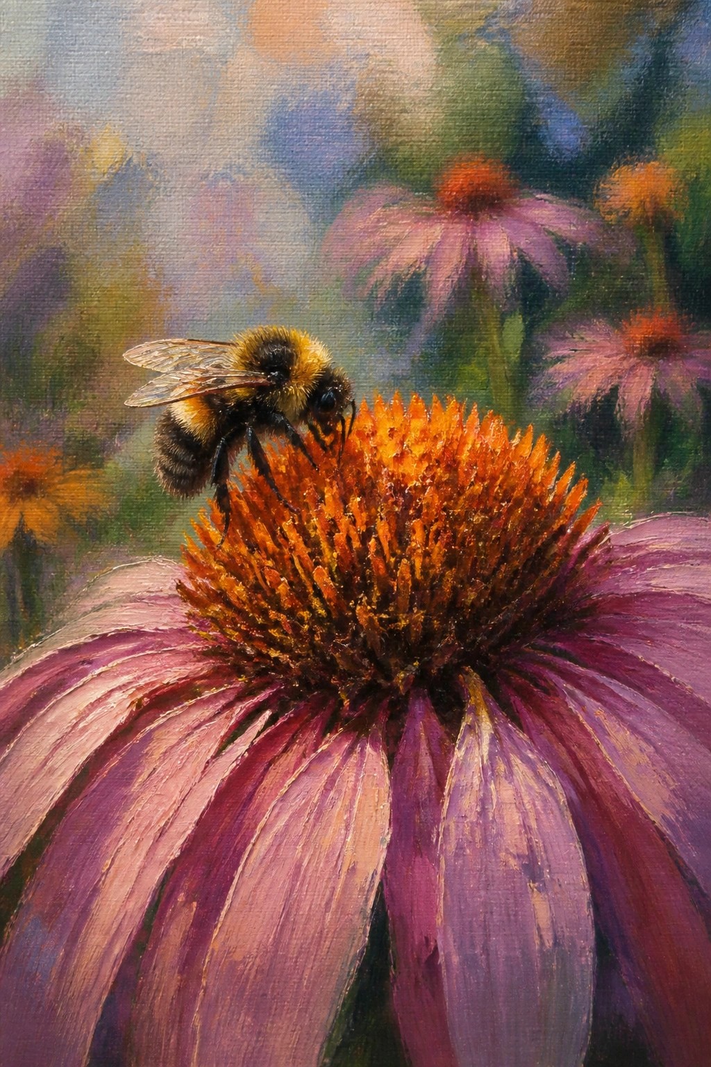 Bumblebee perched on purple coneflower with vibrant orange center in painterly style.