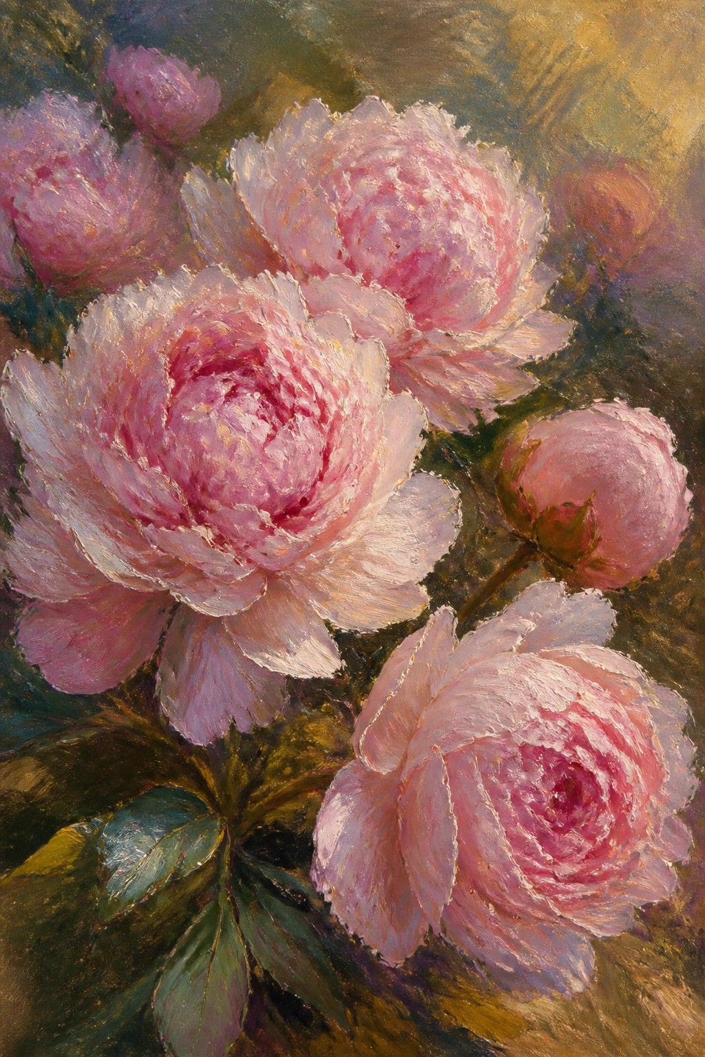 Oil painting of several large pink peonies with green leaves against a dark background.