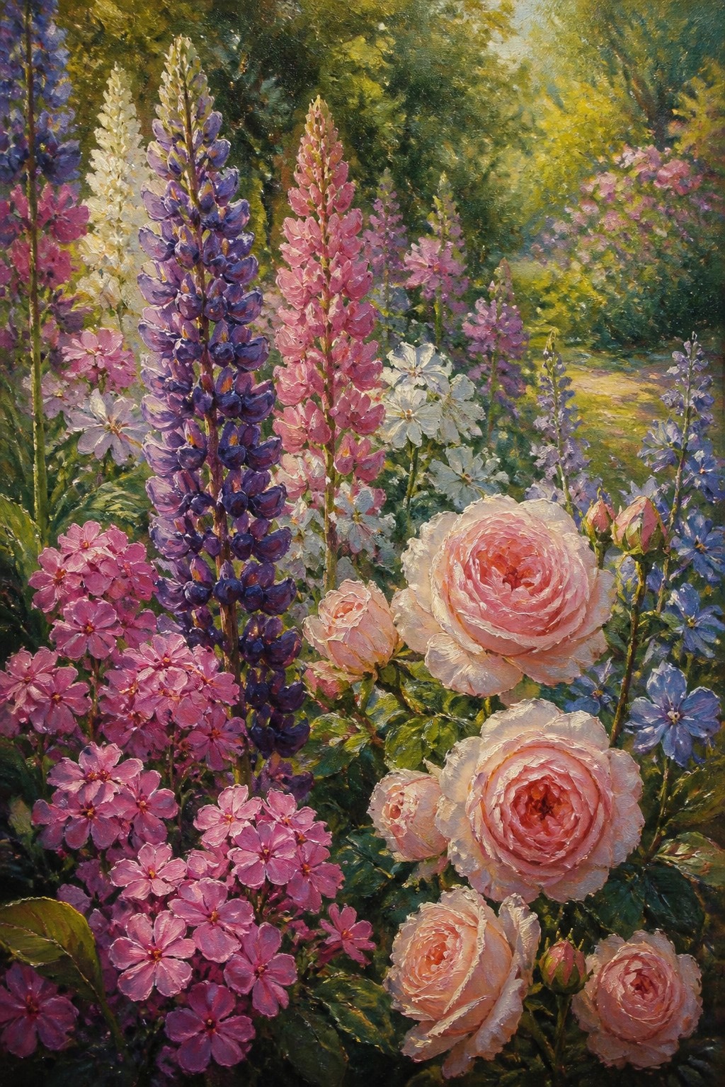 Lush garden with blooming pink roses, tall purple lupines, and colorful wildflowers in sunlight.