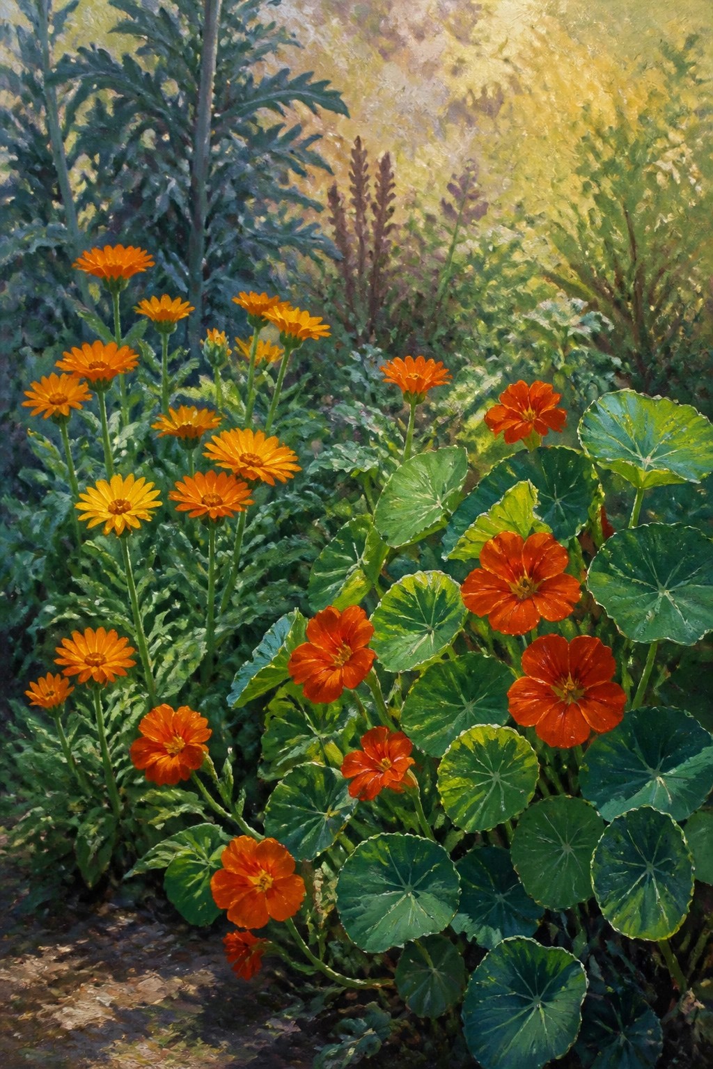 Vivid orange flowers amid lush green leaves in a sunlit garden painting