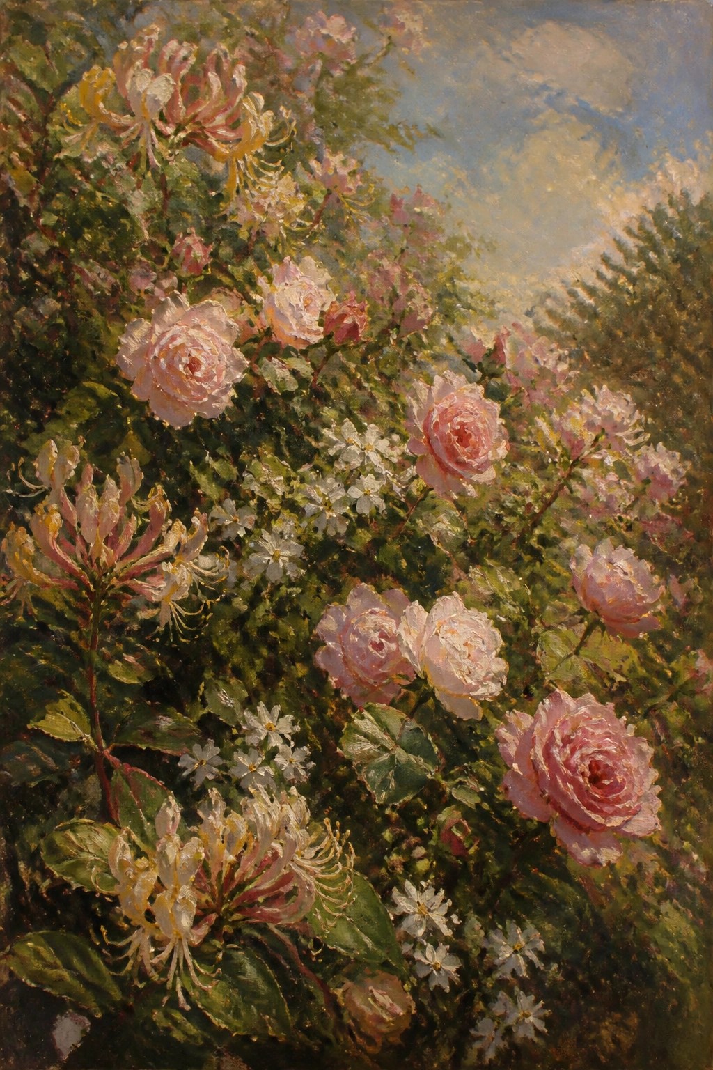 Lush garden of blooming pink roses, honeysuckle, and white wildflowers under blue sky