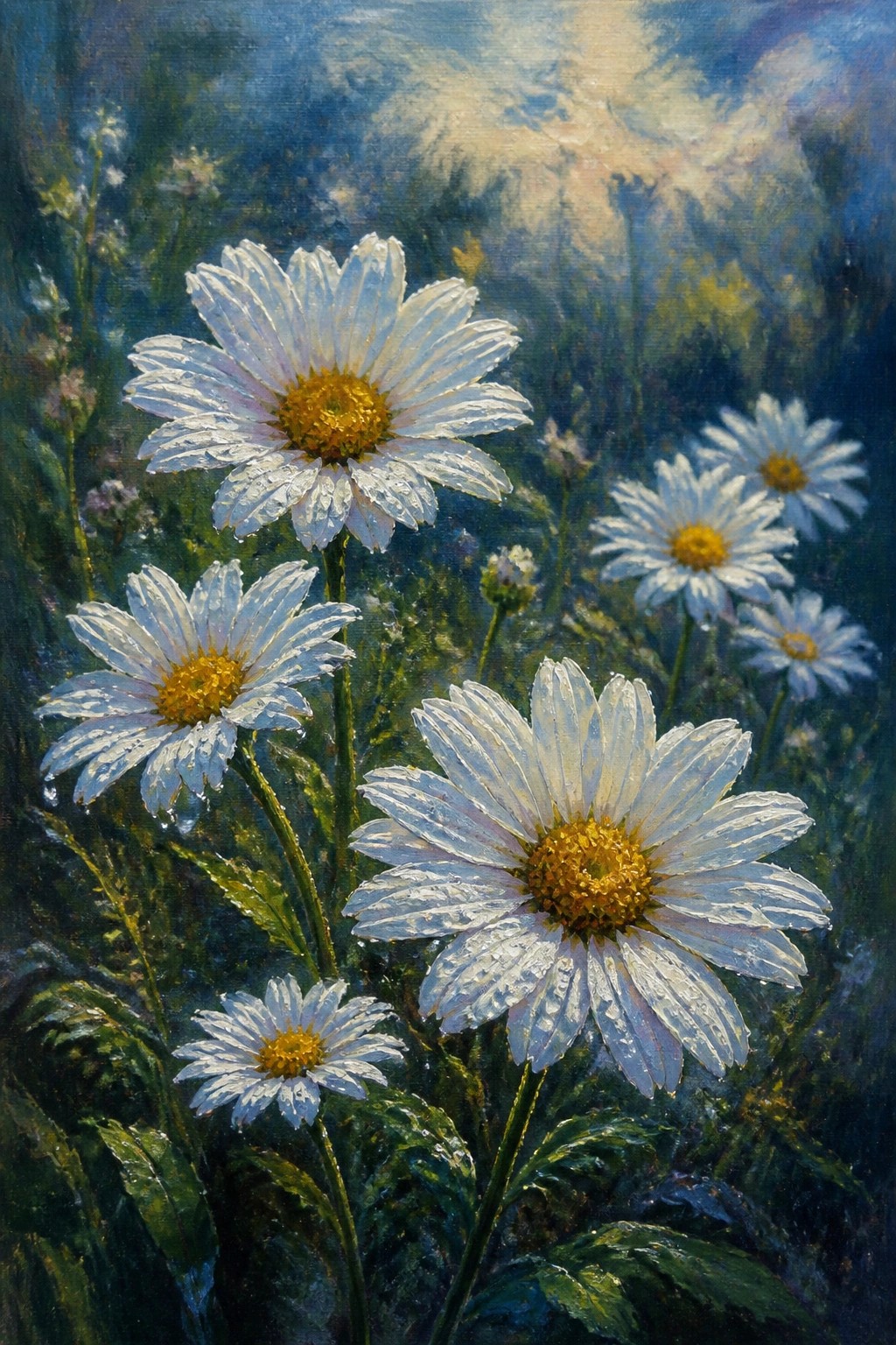 An oil painting of several white daisies with yellow centers and water droplets on the petals, shown against a soft blurred garden background.
