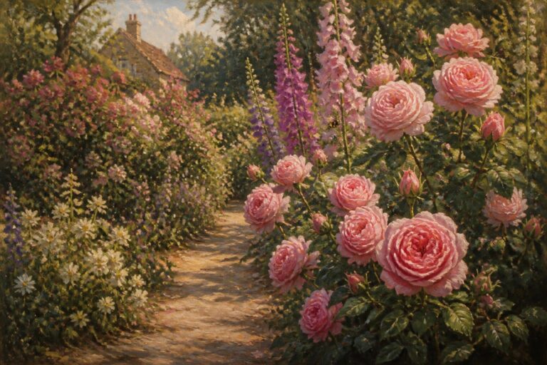 19 Inspiring Summer Garden Oil Painting Ideas Full of Flowers and Texture An oil painting of a garden path with pink roses, tall foxgloves, bees, and a thatched cottage in the background.