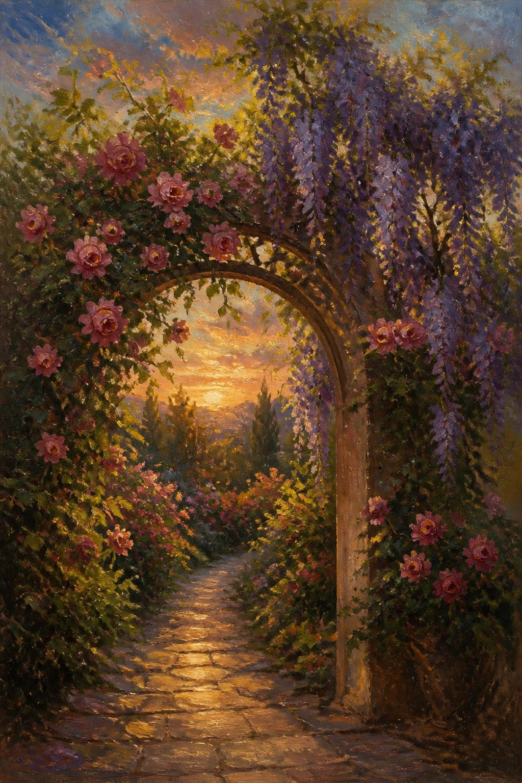 Stone path through rose-covered arch with purple wisteria at vibrant sunset.