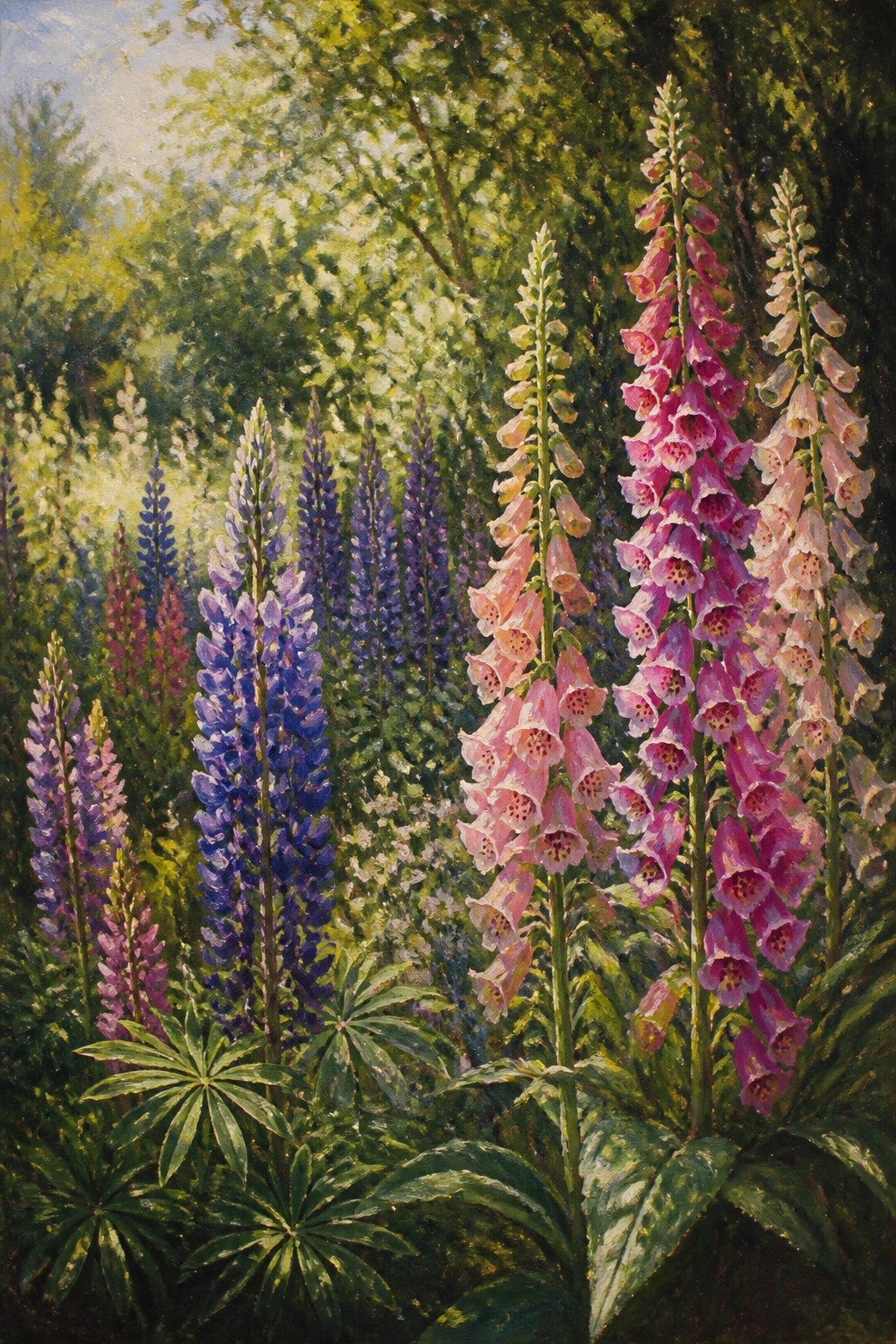 Pink foxgloves and purple lupines bloom in a lush green forest garden