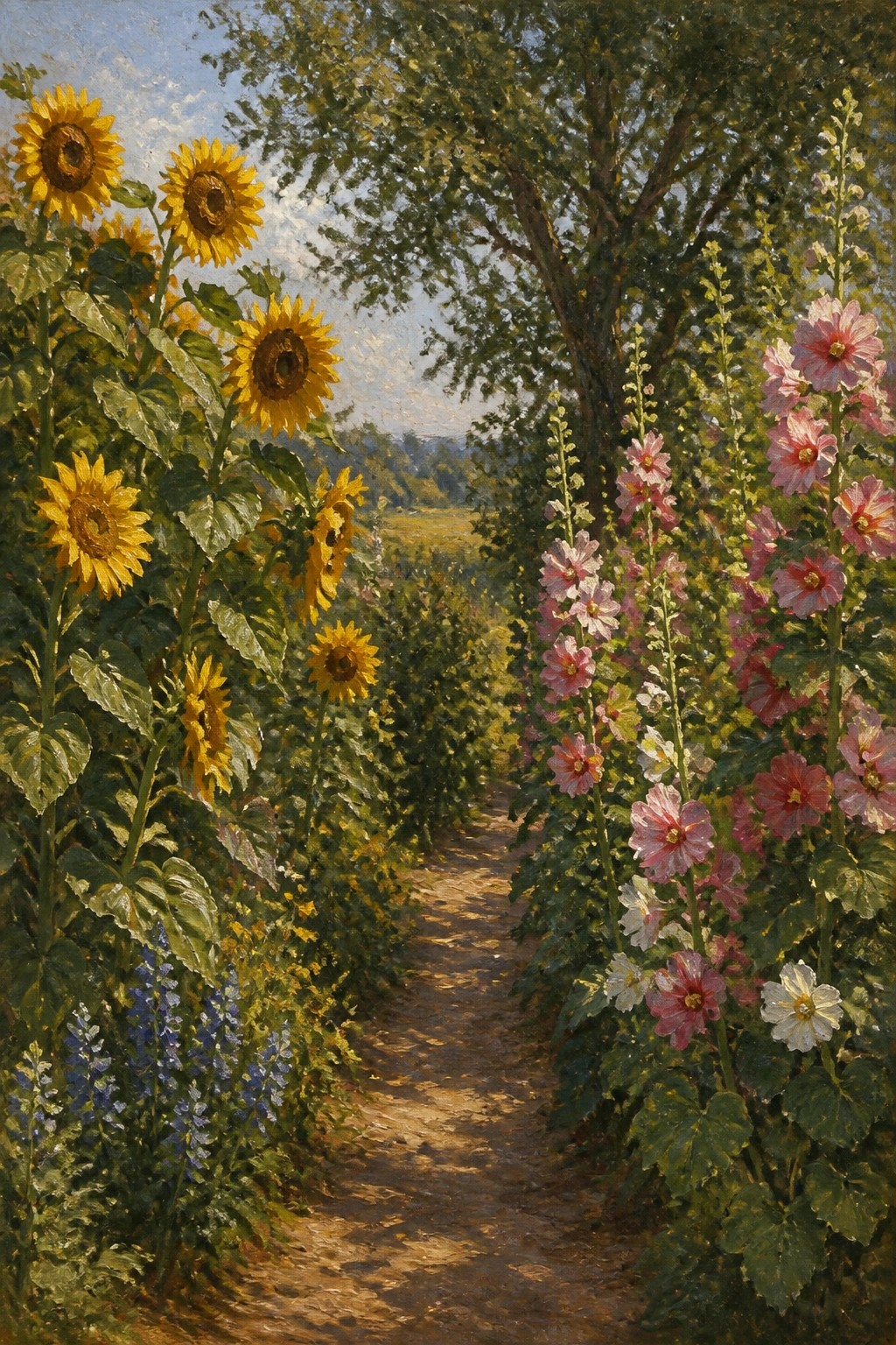 Sunlit path lined with yellow sunflowers and tall pink hollyhocks under trees