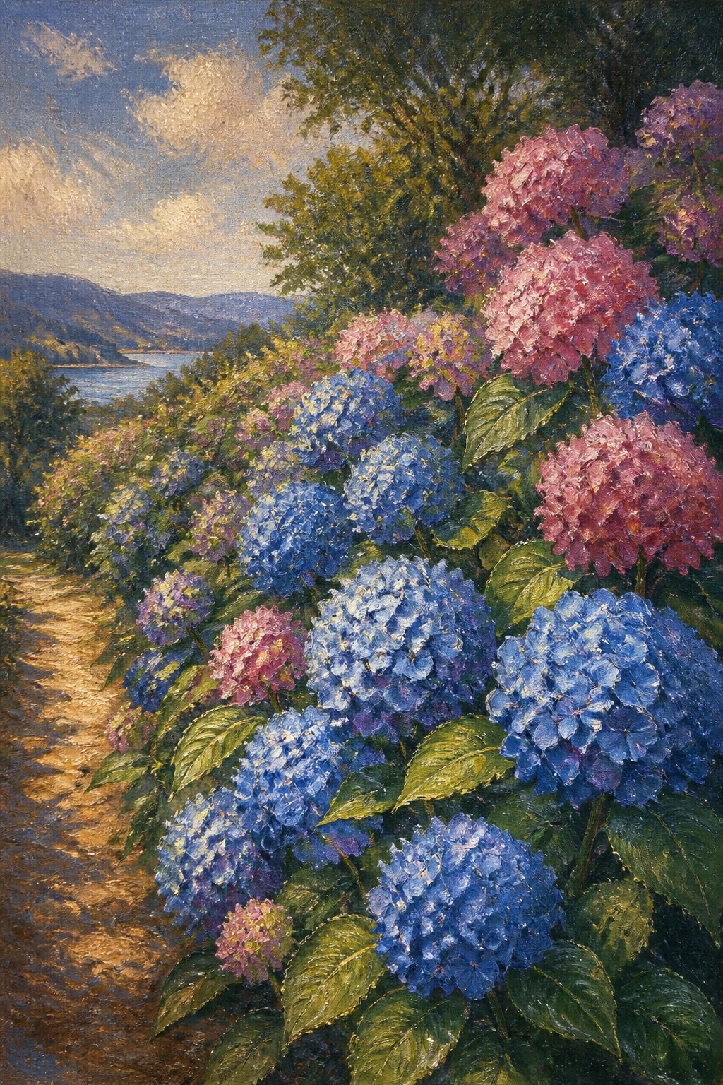 An oil painting of colorful hydrangeas in blue, pink, and purple lining a dirt path with hills and water visible in the distance.
