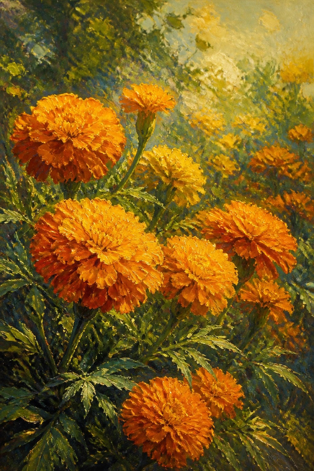 Vibrant orange marigolds with ruffled petals amid lush green leaves in garden painting.
