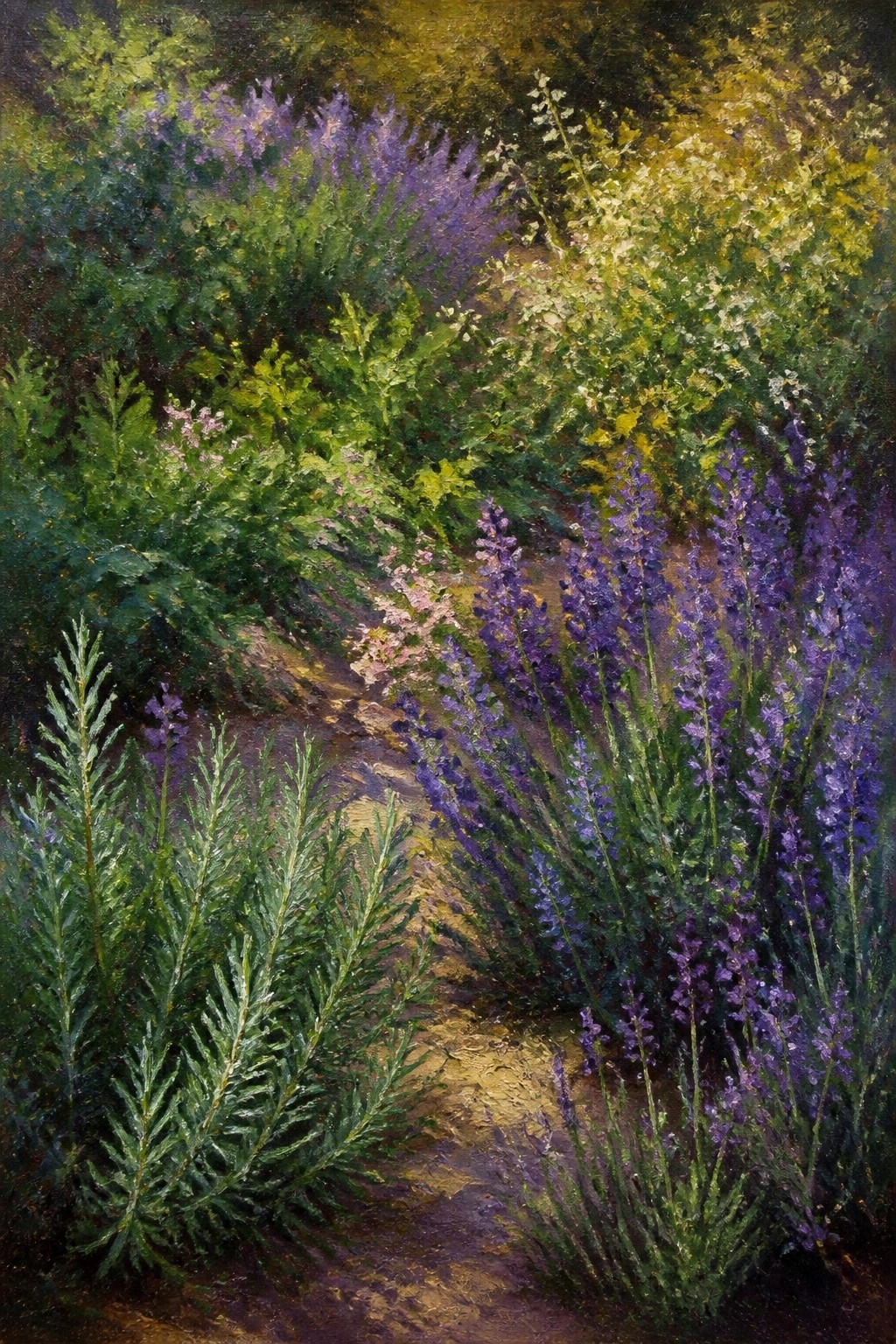 Sunlit path winds through blooming purple flowers amid lush green foliage.