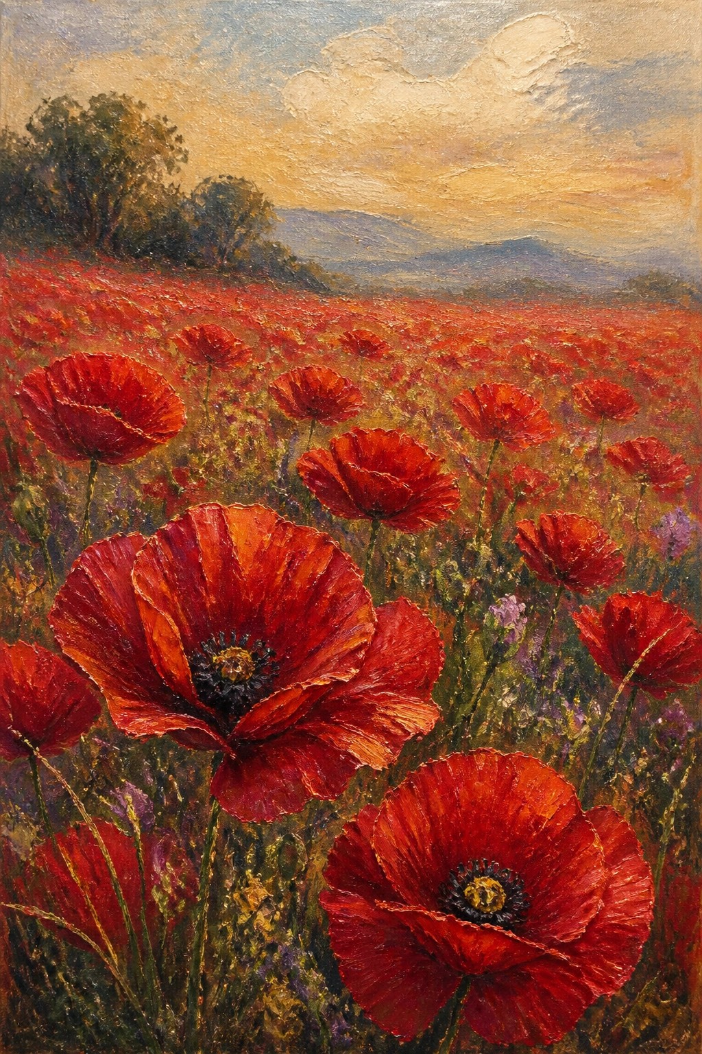 Vivid red poppies blooming in a field under a colorful sunset sky
