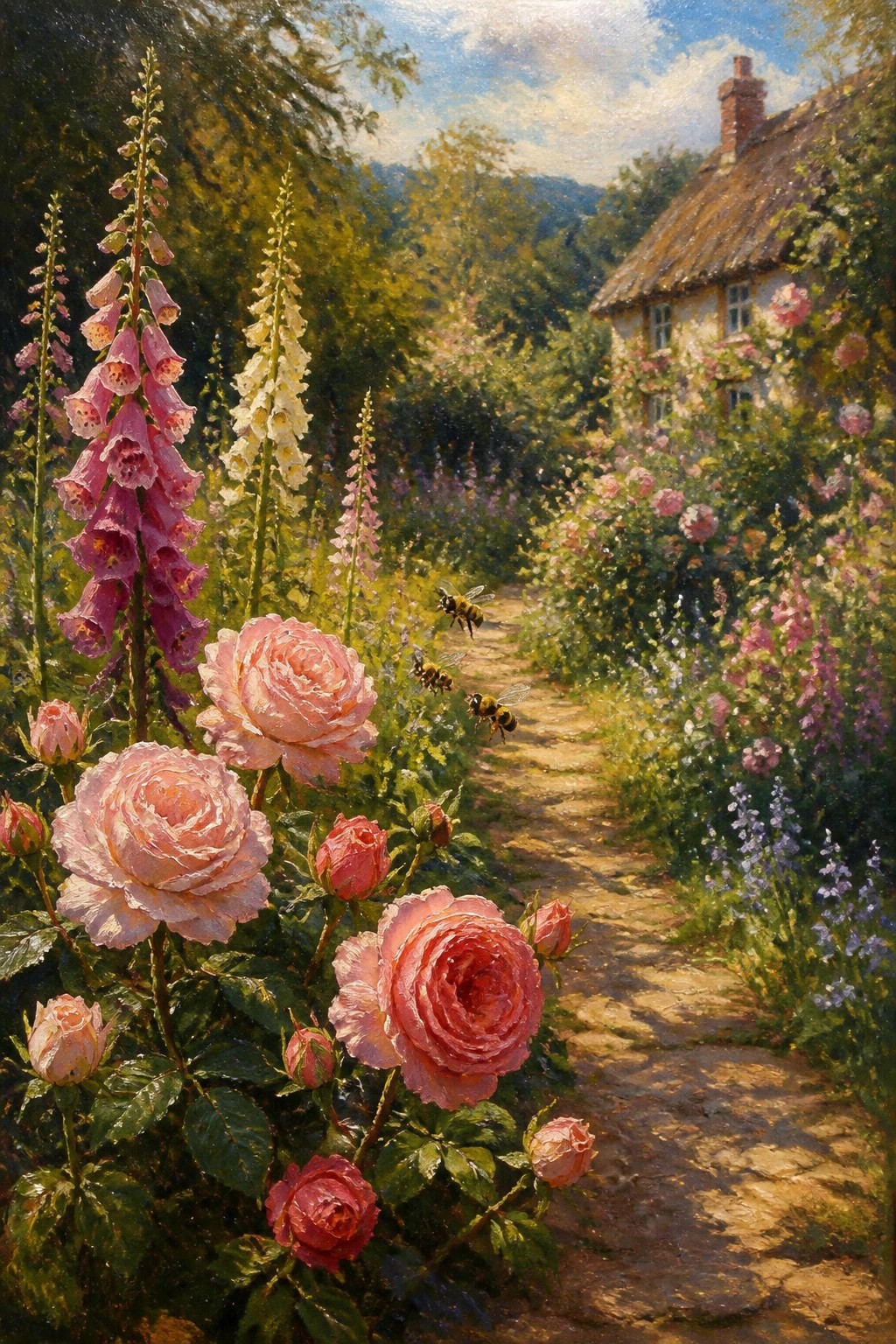 An oil painting of a garden path with pink roses, tall foxgloves, bees, and a thatched cottage in the background.