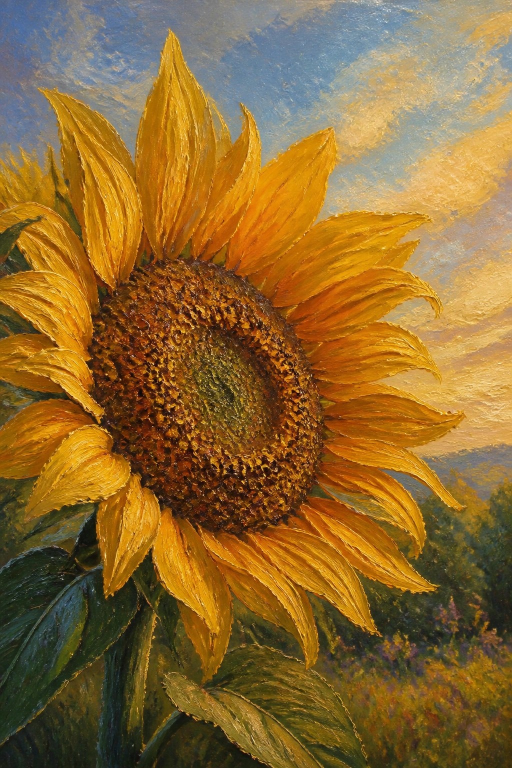 Large sunflower with golden-yellow petals and textured brown center under blue sky
