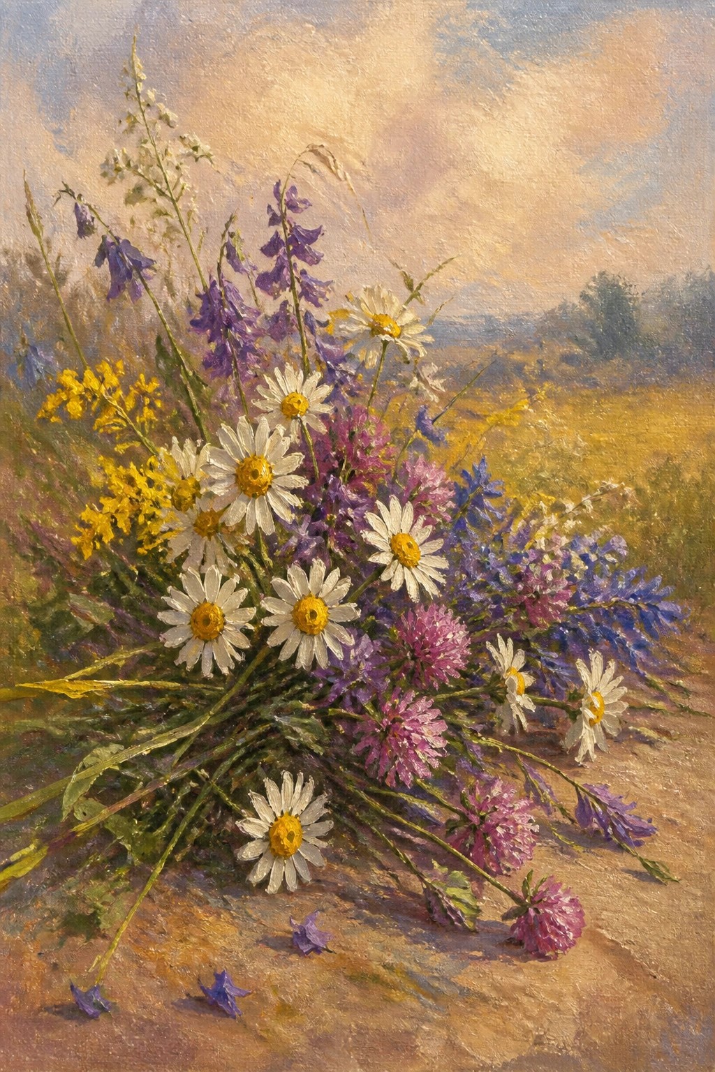 Vibrant wildflower bouquet of daisies, purple bells, and yellow blooms on stone ledge