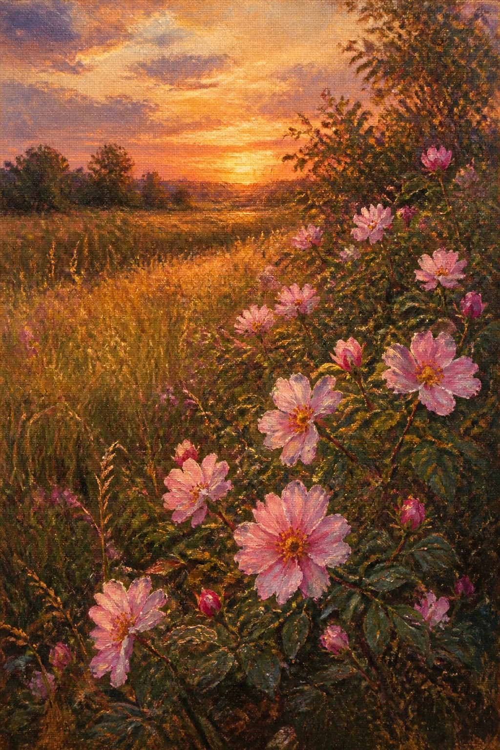 Pink wildflowers blooming in meadow at vibrant orange sunset.