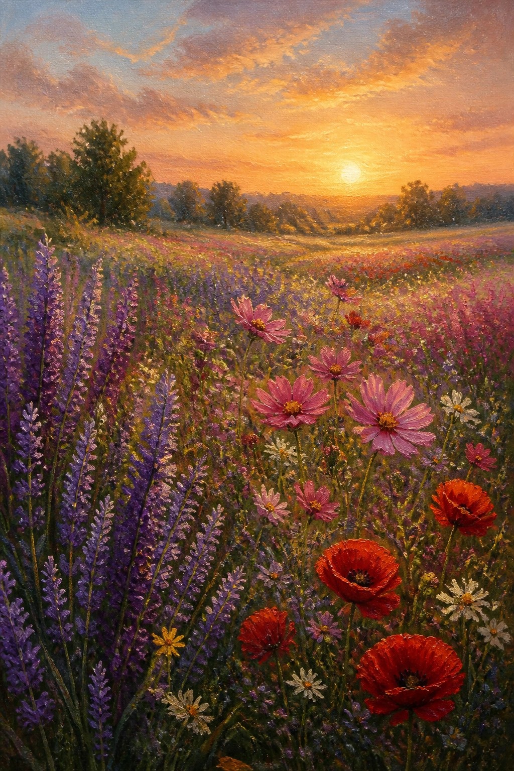 Vibrant wildflower meadow with purple, pink, and red blooms at sunset