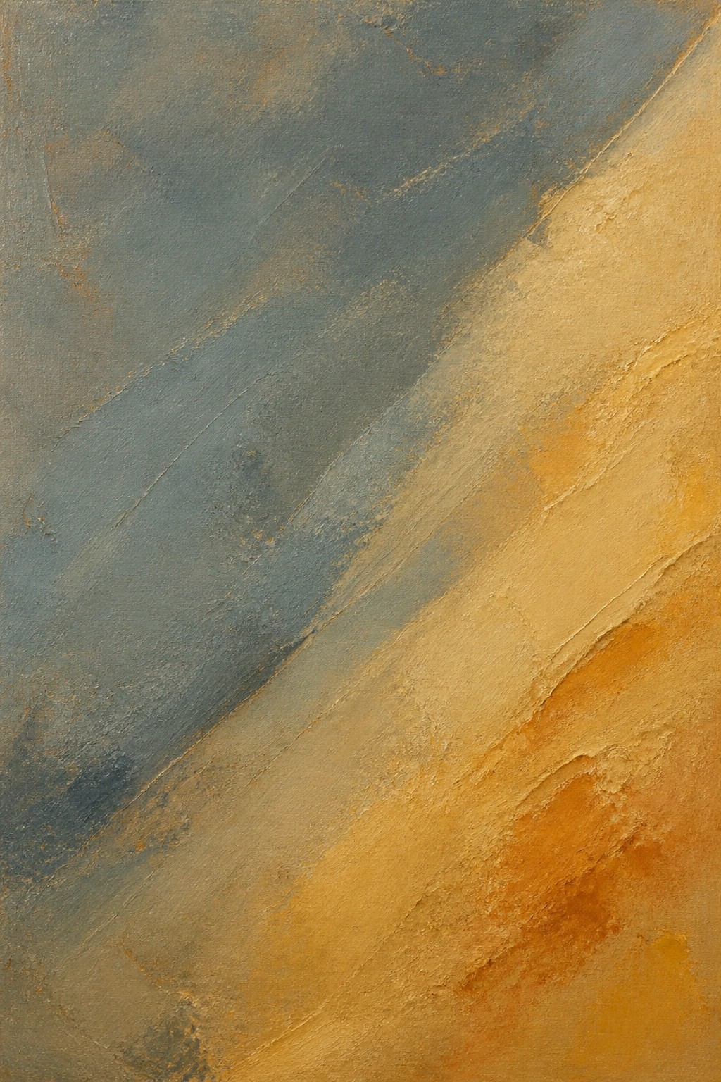 Abstract painting with textured blue-gray and golden-orange diagonal brushstrokes