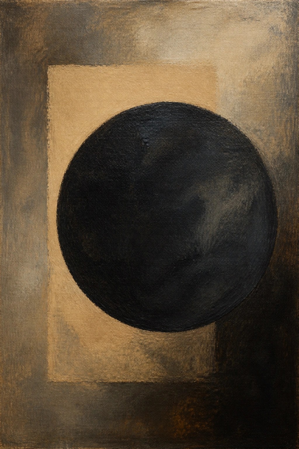 Abstract painting of large black circle on beige square with dark earthy borders.