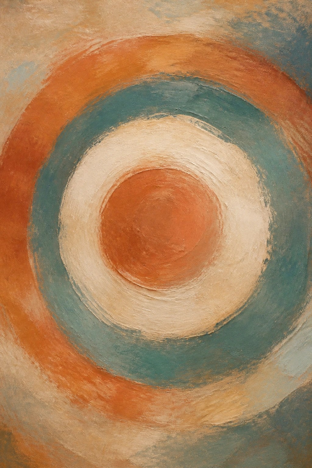 Abstract concentric circles in orange, teal, cream, and beige with textured brushstrokes.