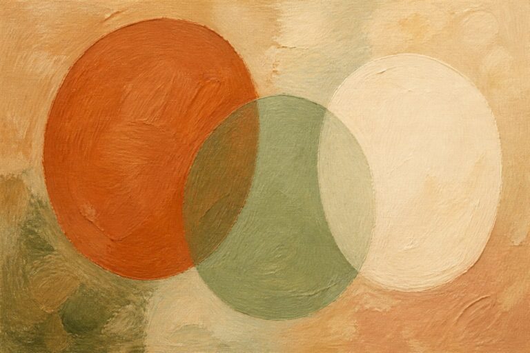 19 Modern Abstract Oil Painting Ideas for Beginners Who Like Clean Shapes Abstract oil painting featuring overlapping circles in terracotta red, olive green, beige, and off-white against a pale background.