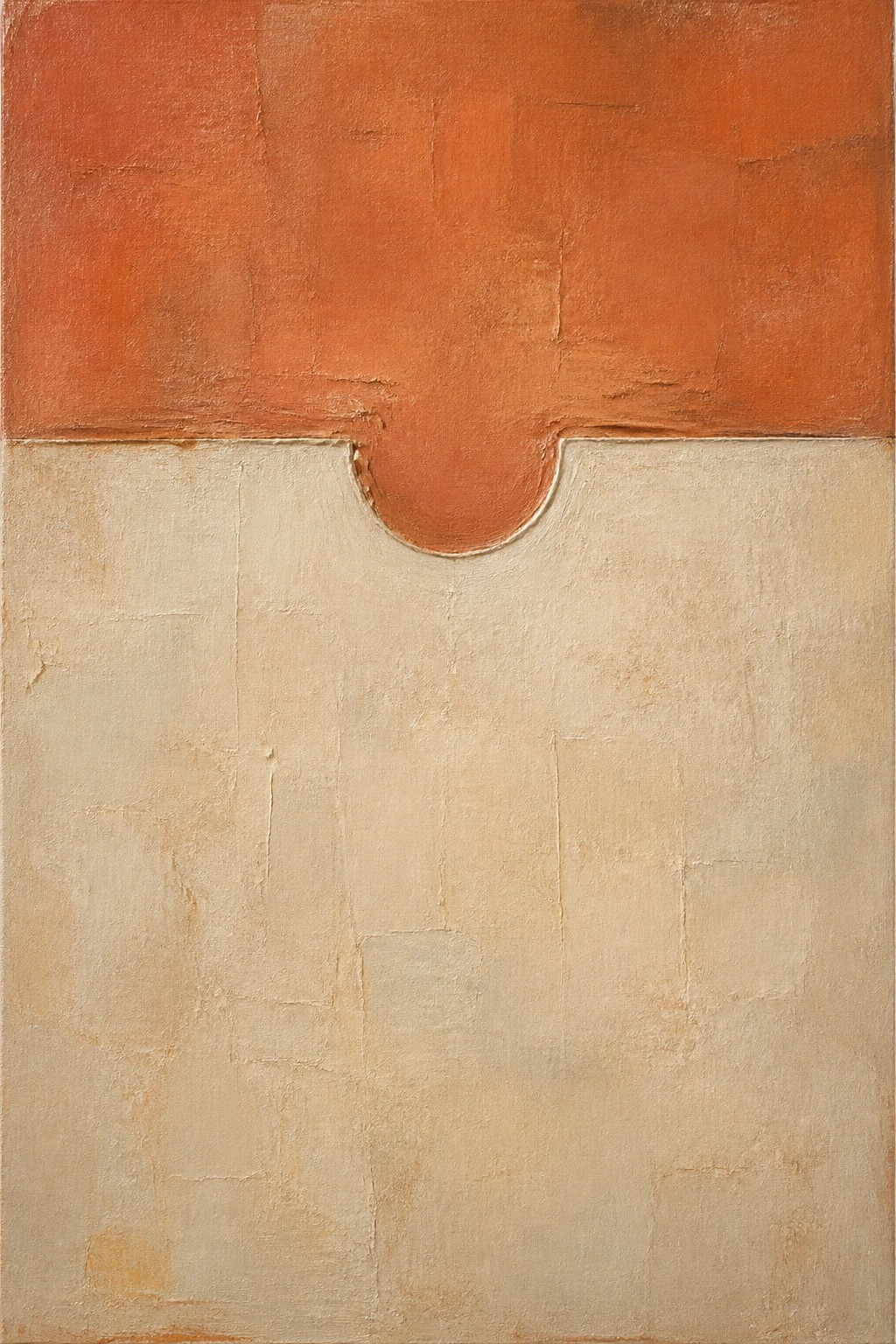 An abstract oil painting with an upper reddish-orange field and a lower beige field, where the orange forms a rounded semicircular dip into the beige.