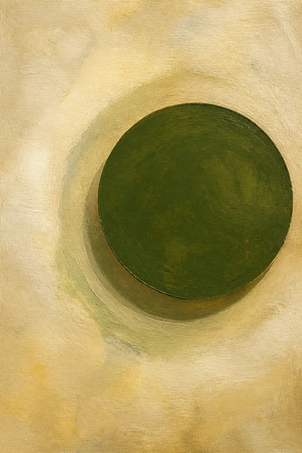 Abstract painting of dark green circle with soft yellow-green concentric rings on beige background.