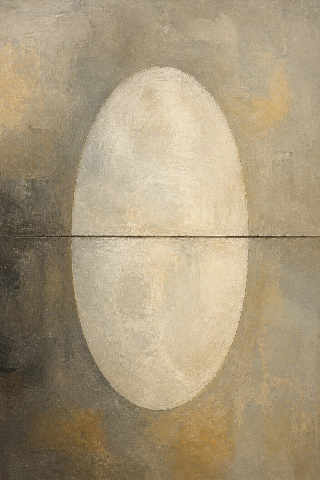 An abstract oil painting shows a large off-white oval centered on a muted gray-brown background with a thin horizontal line across the middle.