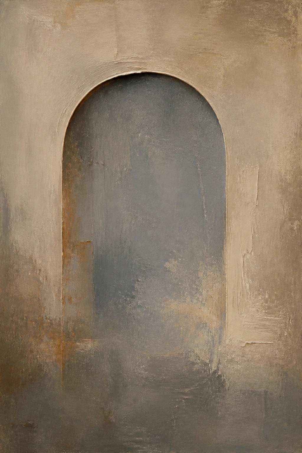 Textured beige wall with a dark arched niche in muted tones.