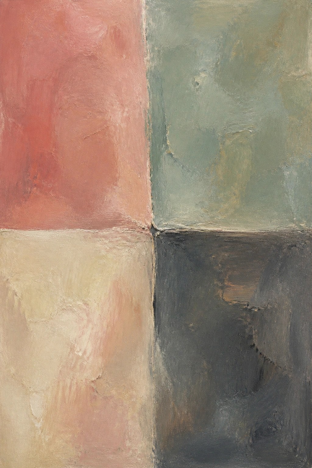 Abstract painting in four textured quadrants: pink, green, beige, dark gray.