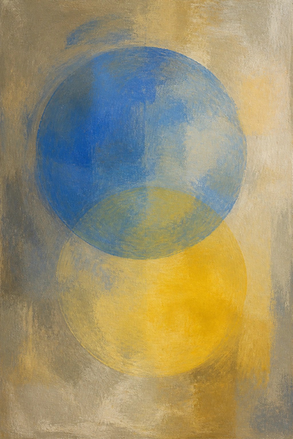 An oil painting shows a large blue circle overlapping a yellow circle on a textured neutral background.