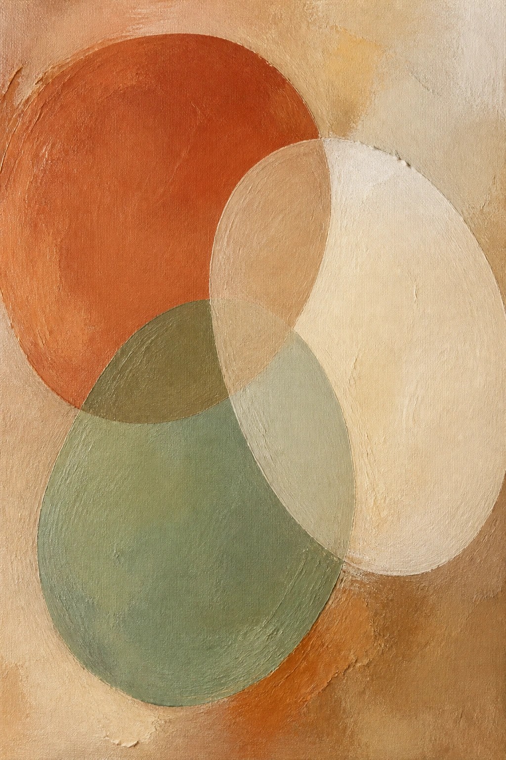 Abstract oil painting featuring overlapping circles in terracotta red, olive green, beige, and off-white against a pale background.