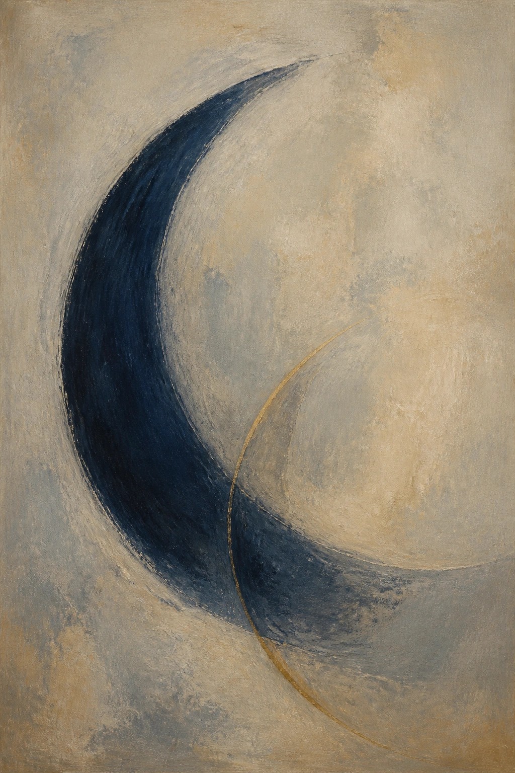 An abstract oil painting with a dark blue crescent overlapping a lighter circular shape and a thin gold line on a muted beige and gray background.