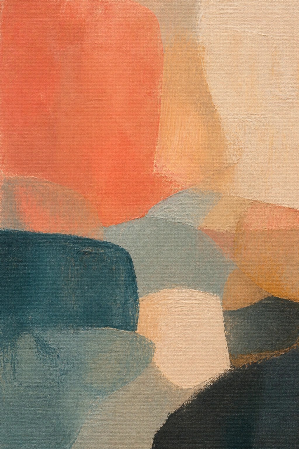 An abstract oil painting featuring overlapping rounded shapes in coral red, teal, beige, gray, and dark tones.