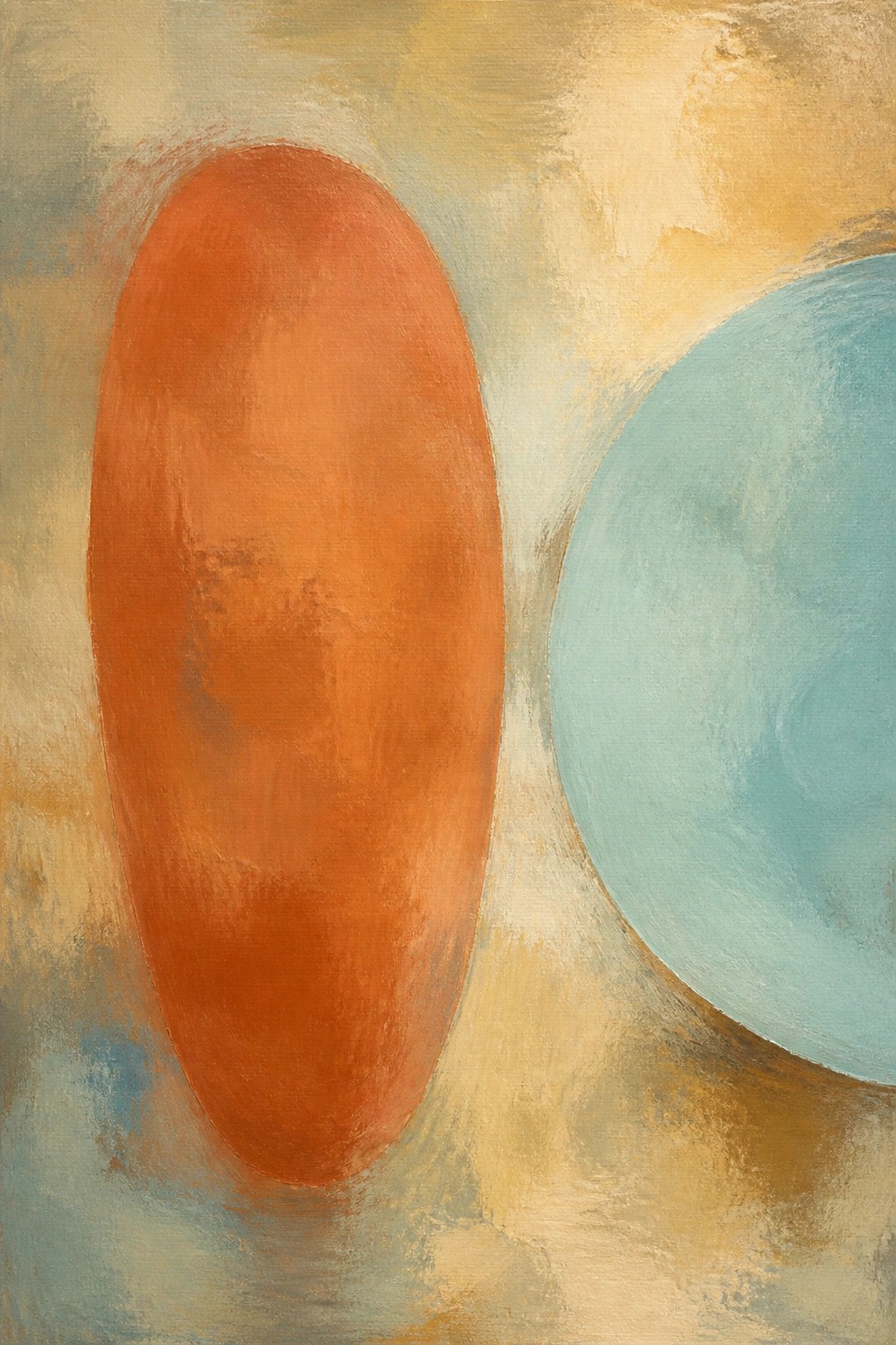An abstract oil painting featuring a large vertical orange oval on the left and a round teal shape on the right against a softly blended background of beige, yellow, and blue tones.