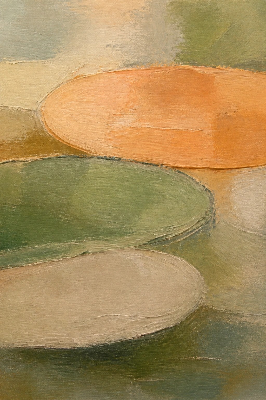 An abstract oil painting with overlapping oval shapes in orange, green, and beige on a muted background.