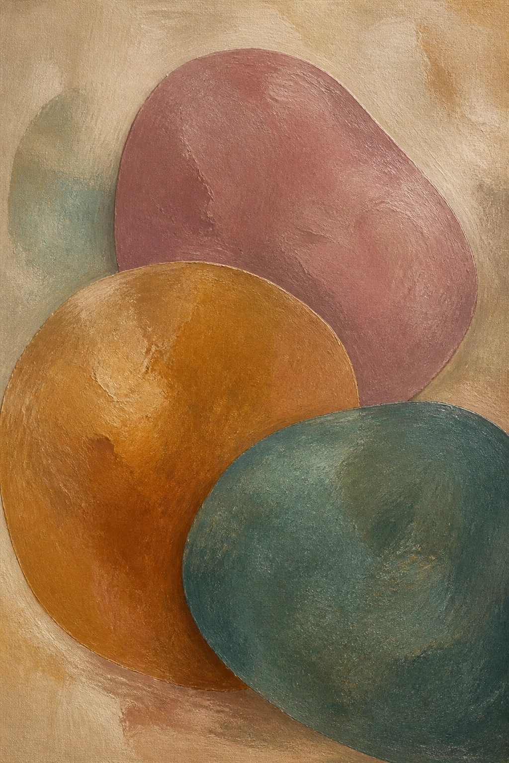Abstract painting of overlapping rounded shapes in red, orange, and teal.