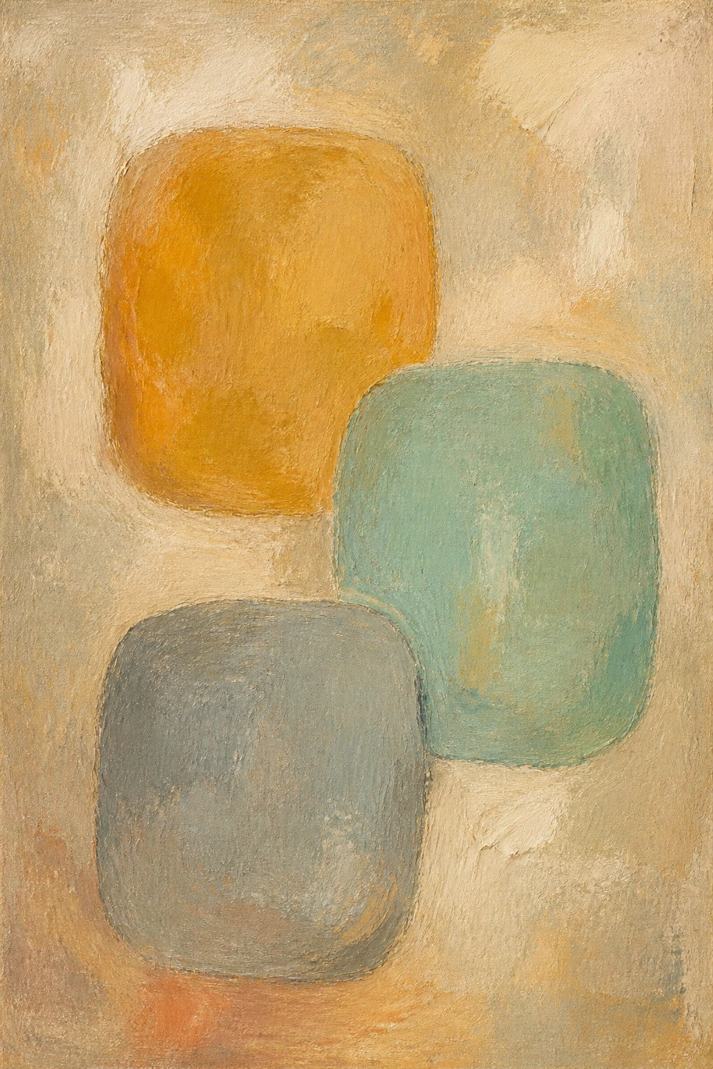 An abstract oil painting featuring three rounded shapes in orange, teal, and gray against a textured beige background.