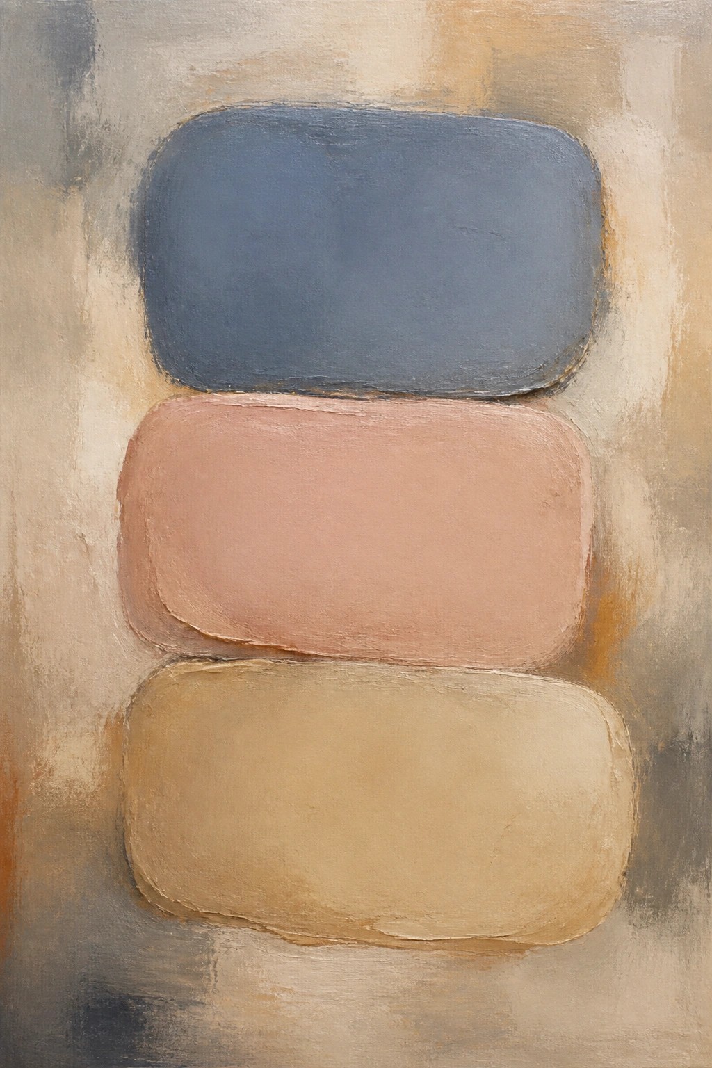 Abstract painting of three stacked rounded rectangles in blue, peach, and beige.