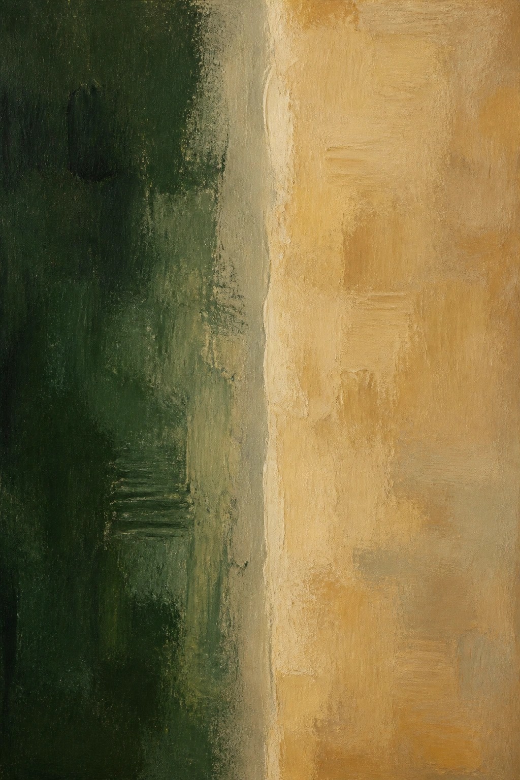 Abstract painting with rough vertical divide between dark green and warm ochre.