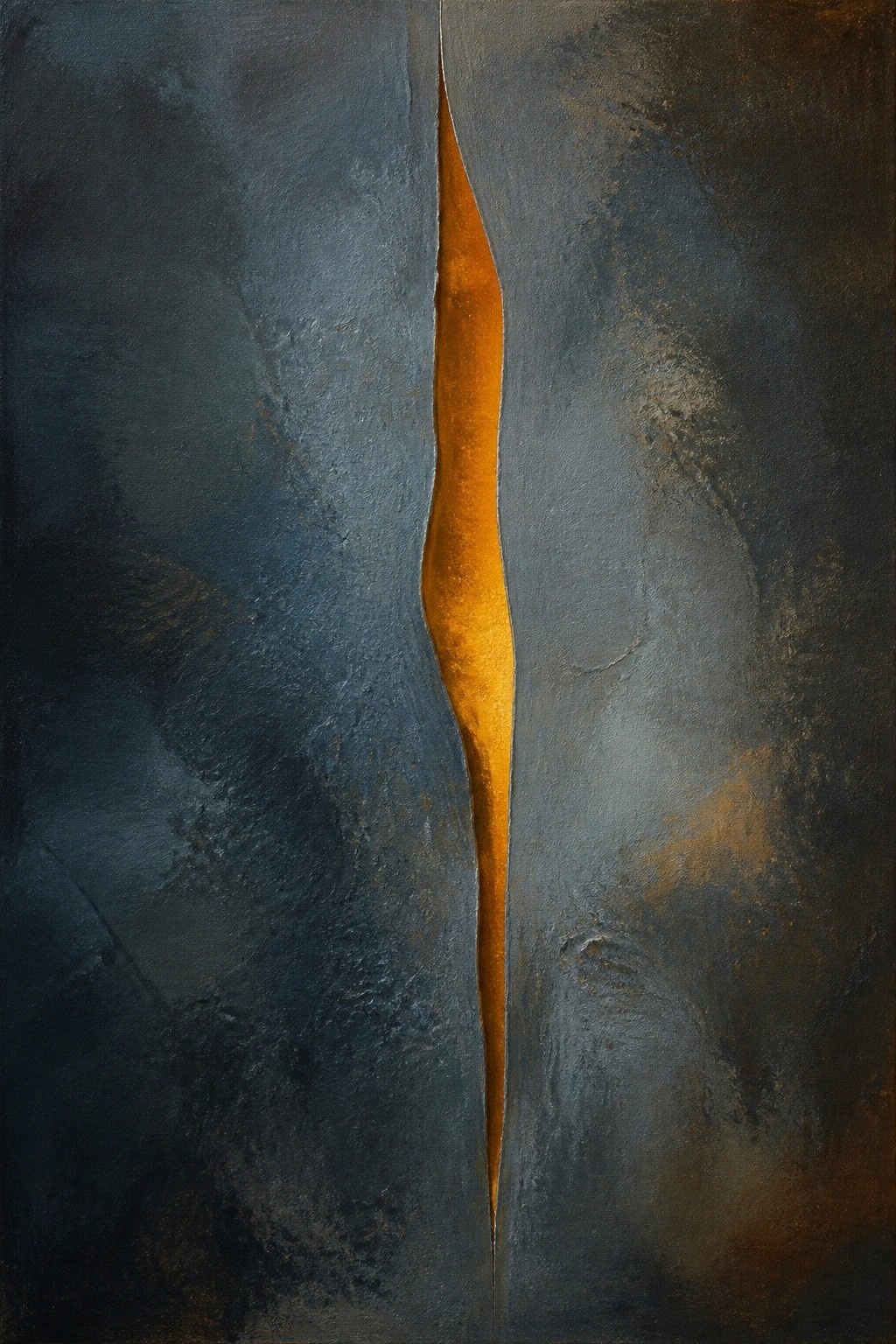 Abstract painting with dark blue-brown textures and glowing orange vertical fissure.