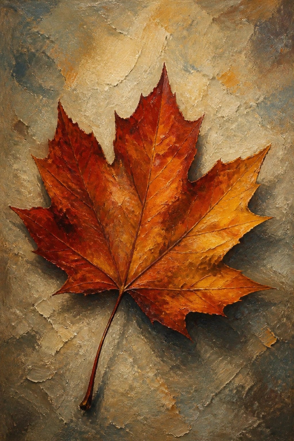 Vibrant red-orange maple leaf with golden edges on a rough textured background