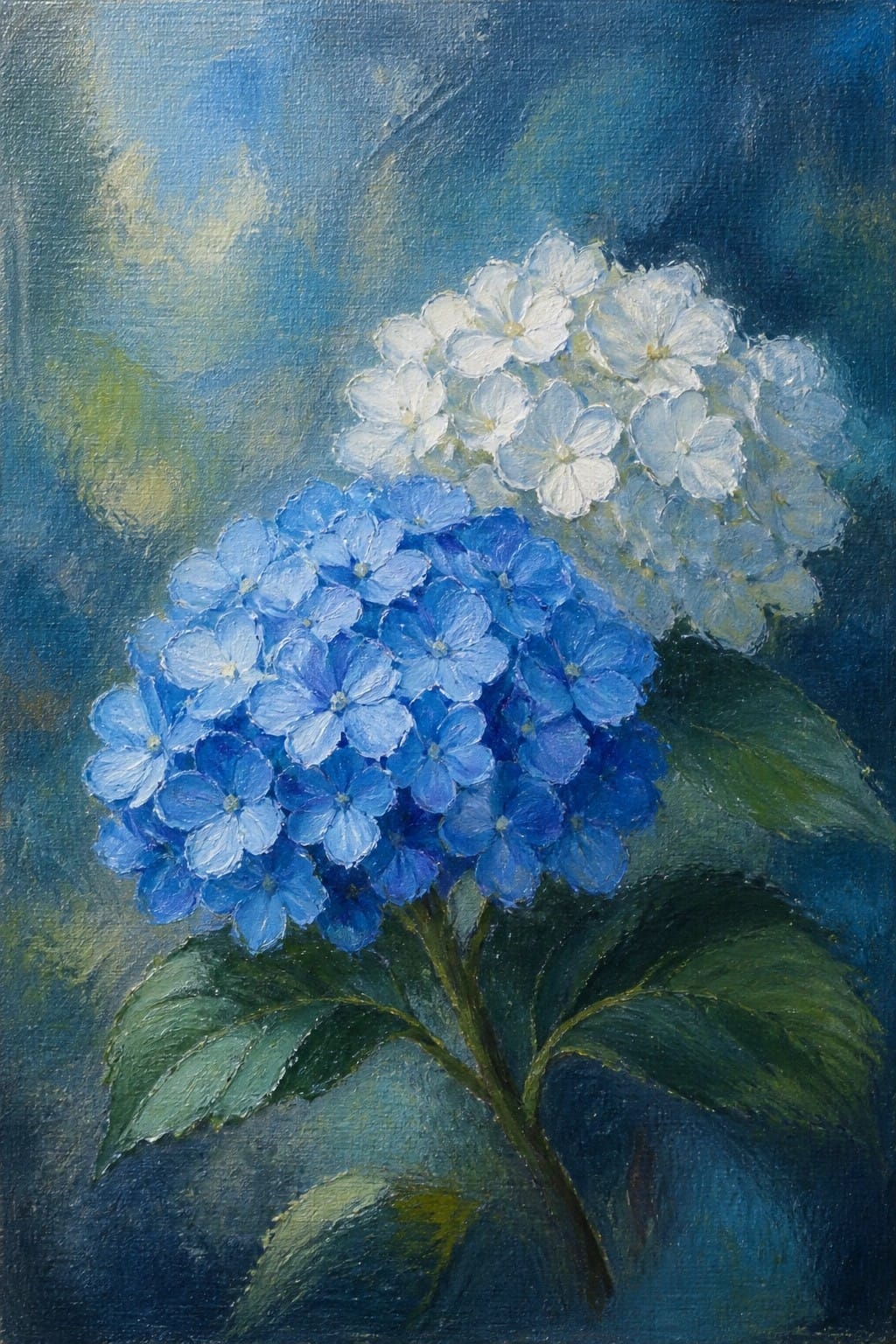 Blue and white hydrangea blooms with green leaves on dark blue background
