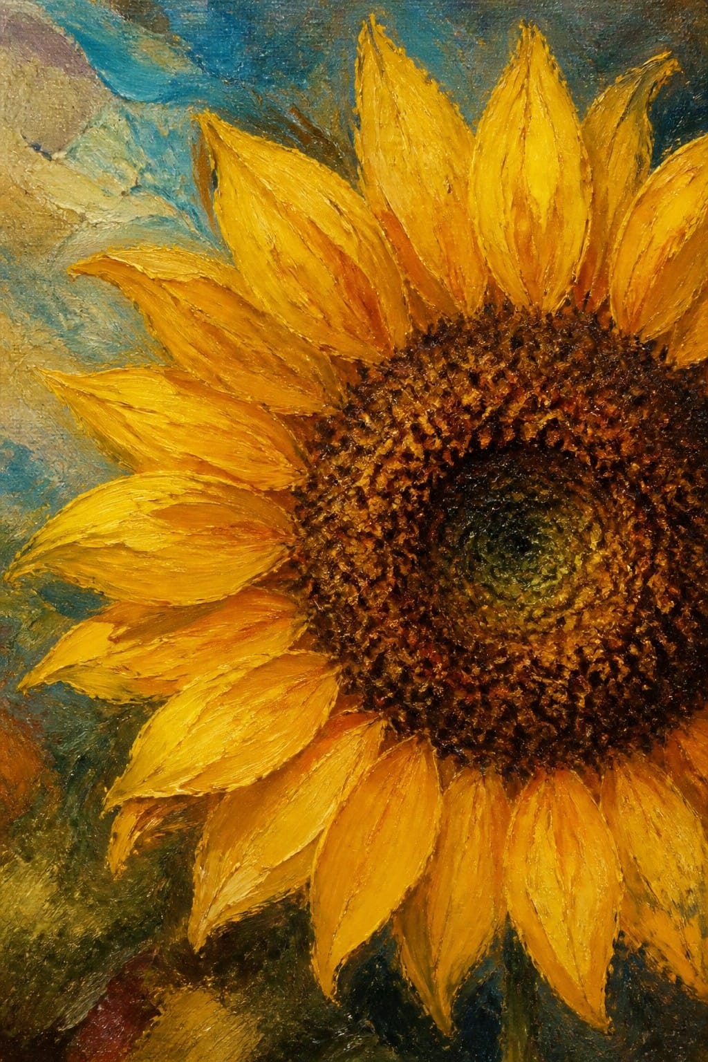 Close-up oil painting of a yellow sunflower with a textured brown center against a blue background.