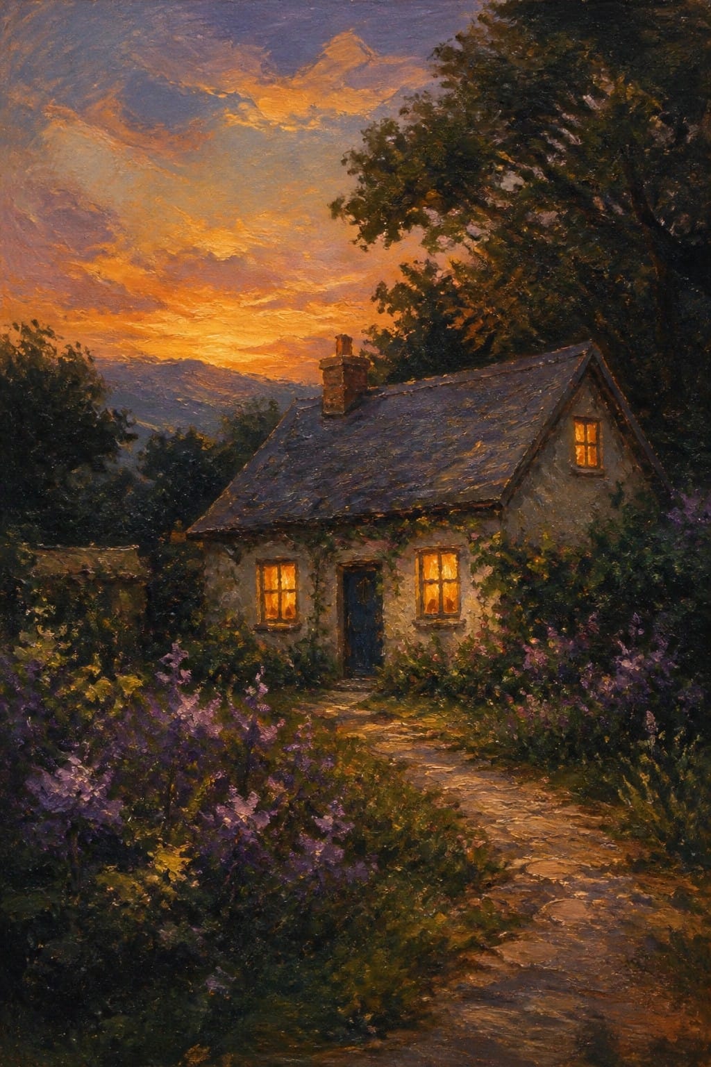 Stone cottage glowing at sunset along flower-lined path under orange-purple sky