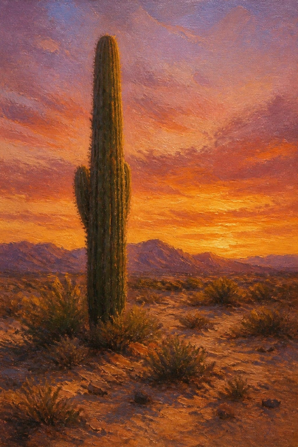 Tall saguaro cactus in desert under vibrant orange-purple sunset with mountains