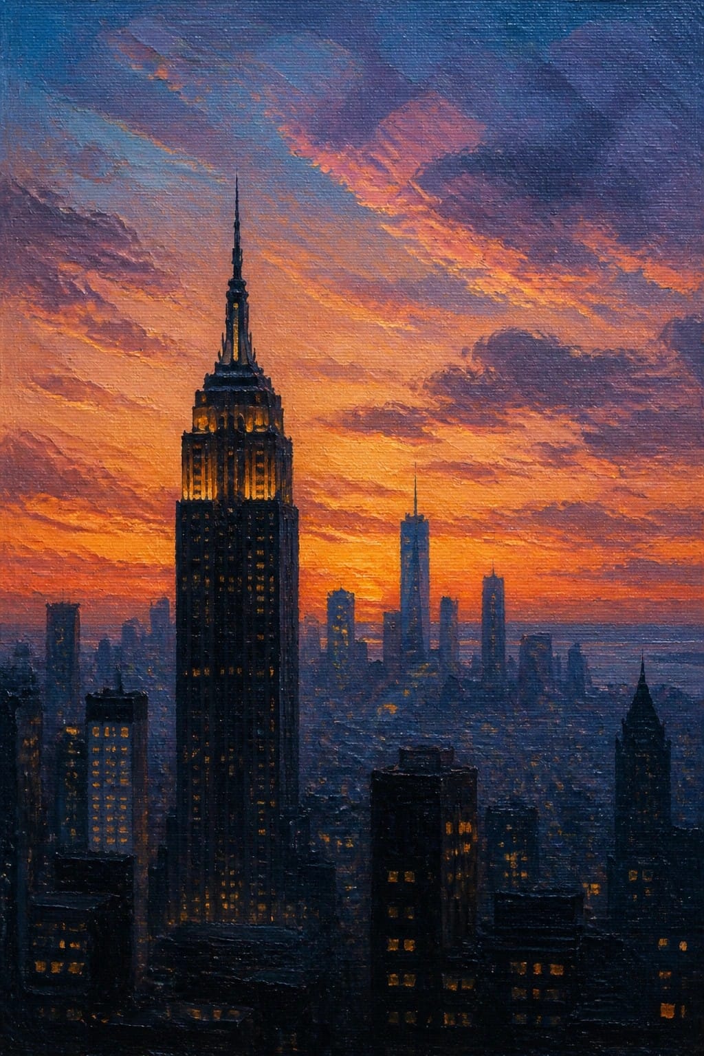 Empire State Building glowing over Manhattan skyline under vibrant orange-purple sunset clouds