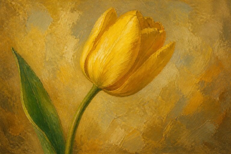 Yellow tulip with green leaves on textured brown and gold background