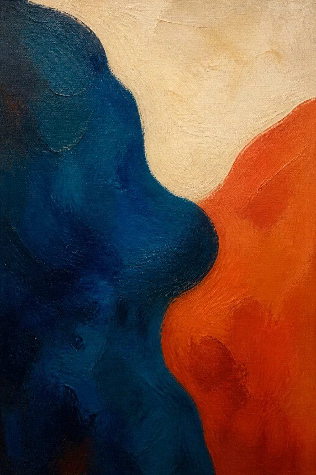 Abstract painting of flowing blue and orange curves on textured beige background