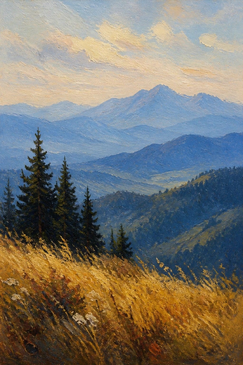 Golden meadow with pine trees overlooking layered blue mountains under soft sky