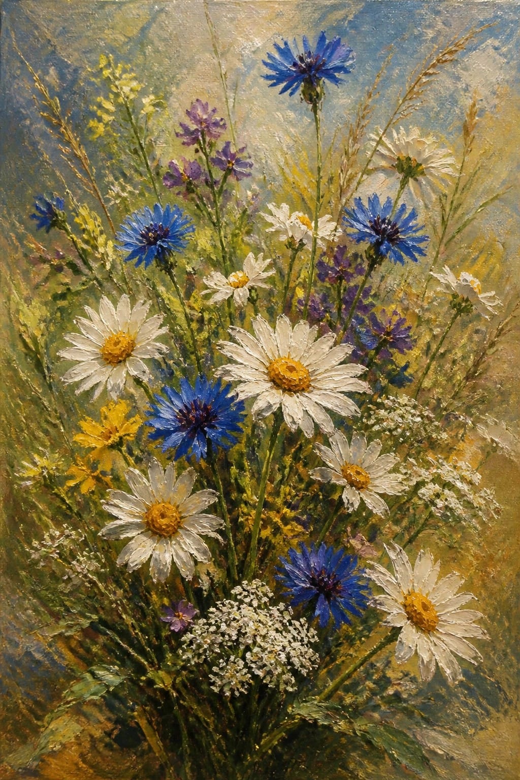An oil painting of a dense bouquet with blue cornflowers, white daisies, purple flowers, yellow blooms, and white lace-like flowers against a soft blended background.