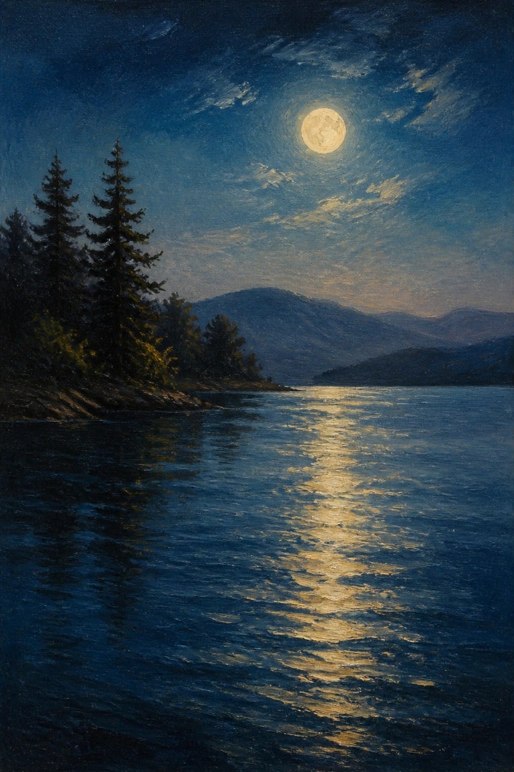 Full moon over calm lake reflecting light, pine trees along mountainous shore at night.
